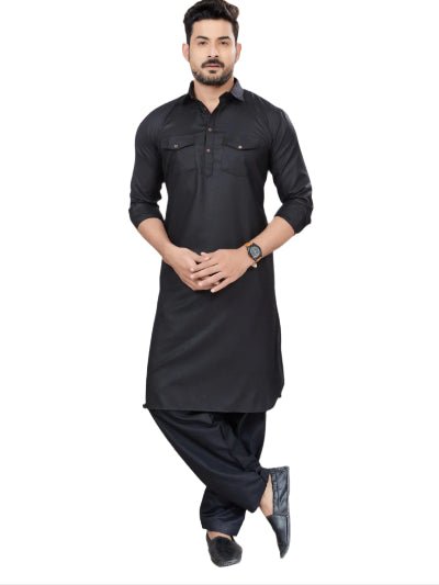 Grey Blue Men Cotton Pathani Kurta Pajama Set - BONYHUBMEN KURTA