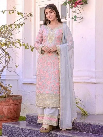 Grey &amp; Blush Pink Embroidered Palazzo Suit Set for Women - BONYHUBSALWAR KAMEEZ