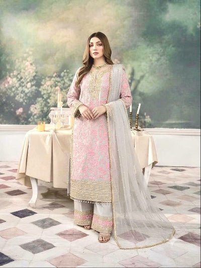 Grey &amp; Blush Pink Embroidered Palazzo Suit Set for Women - BONYHUBSALWAR KAMEEZ