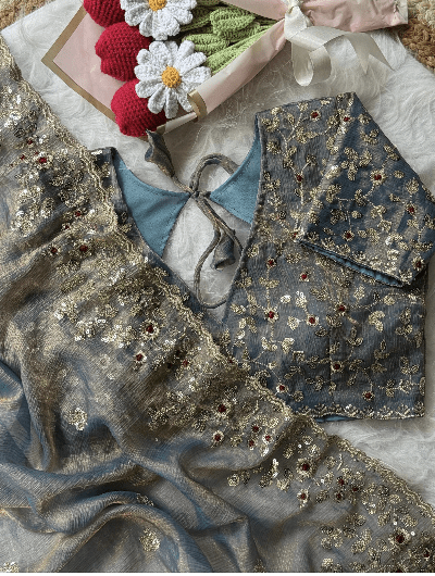 Grey Designer Sari Free Stitched Blouse Readytowear - BONYHUBSAREE