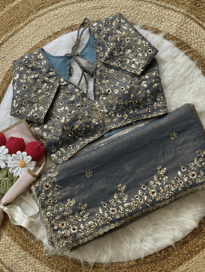 Grey Designer Sari Free Stitched Blouse Readytowear - BONYHUBSAREE