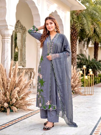 Grey Embroidered Roman Silk Palazzo Suit Set for Women UK - BONYHUBSALWAR KAMEEZ