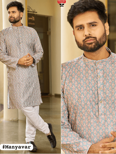 Grey Pink Ethnic Wear Men Kurta Pyjama - BONYHUBMEN KURTA