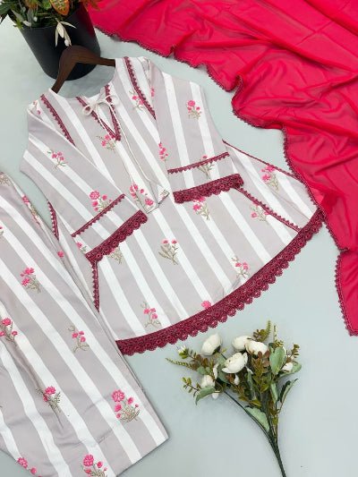 Grey Pink Printed Farshi Suit Set for Women | Asian Ethnic Wear UK - BONYHUBSALWAR KAMEEZ