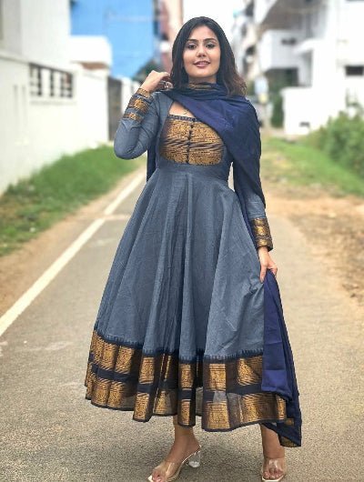 Grey South Chanderi Cotton Jacquard Zari Anarkali Dupatta 2pc - BONYHUBSALWAR KAMEEZ