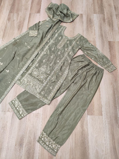grey  Silver Embroidery Straight Suit
