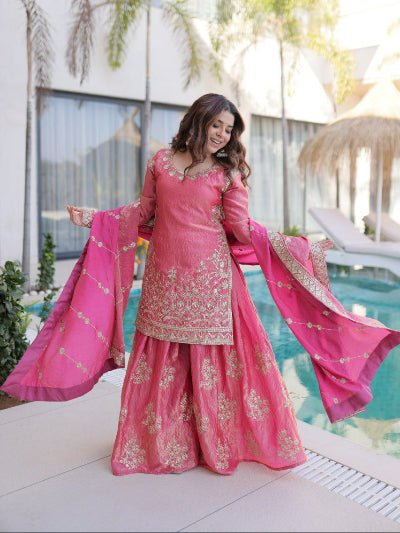 Gulabi Pink Zari Sequins Work Sharara Suit - BONYHUBSALWAR KAMEEZ
