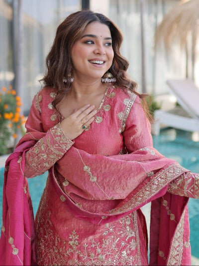 Gulabi Pink Zari Sequins Work Sharara Suit - BONYHUBSALWAR KAMEEZ