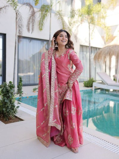 Gulabi Pink Zari Sequins Work Sharara Suit - BONYHUBSALWAR KAMEEZ