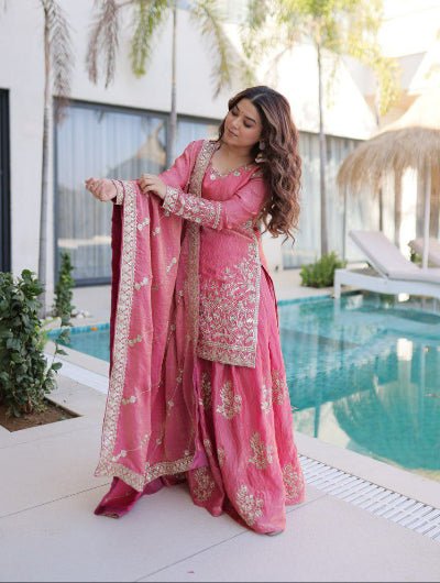 Gulabi Pink Zari Sequins Work Sharara Suit - BONYHUBSALWAR KAMEEZ