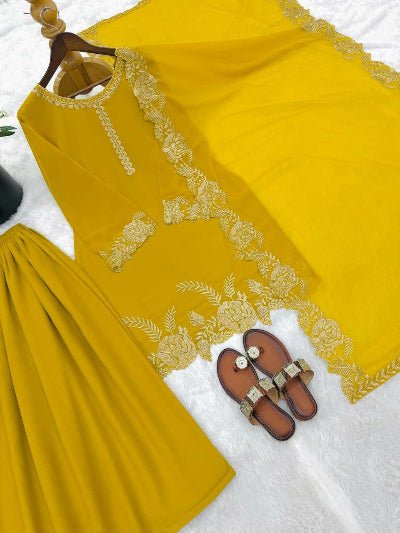 Haldi Yellow Georgette Embroidery Sharara Suit UK Next Day - BONYHUBSALWAR KAMEEZ
