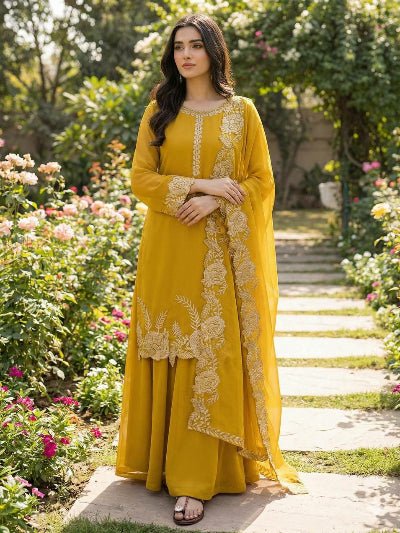 Haldi Yellow Georgette Embroidery Sharara Suit UK Next Day - BONYHUBSALWAR KAMEEZ