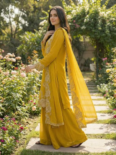 Haldi Yellow Georgette Embroidery Sharara Suit UK Next Day - BONYHUBSALWAR KAMEEZ