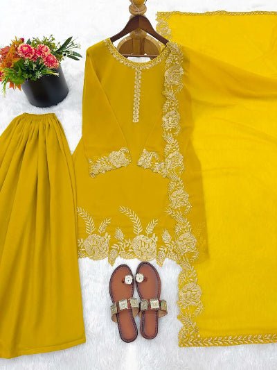 Haldi Yellow Georgette Embroidery Sharara Suit UK Next Day - BONYHUBSALWAR KAMEEZ