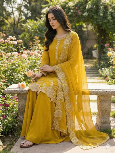Haldi Yellow Georgette Embroidery Sharara Suit UK Next Day - BONYHUBSALWAR KAMEEZ