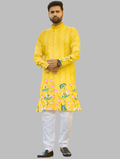 Haldi Yellow Sangeet Boutique Designer Men Kurta Pyjama UK Next Day - BONYHUBMEN KURTA