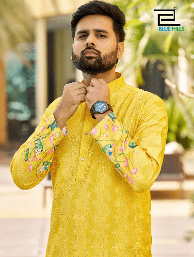 Haldi Yellow Sangeet Boutique Designer Men Kurta Pyjama UK Next Day - BONYHUBMEN KURTA