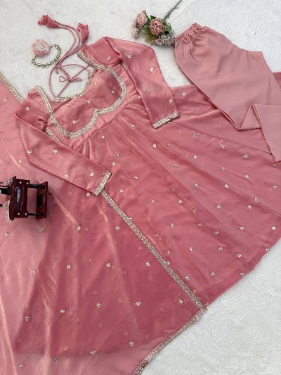 Pastel Blush Pink Silk Sequin Detailing Anarkali Suit - BONYHUBSALWAR KAMEEZ