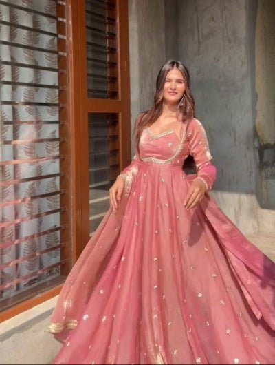 Pastel Blush Pink Silk Sequin Detailing Anarkali Suit - BONYHUBSALWAR KAMEEZ