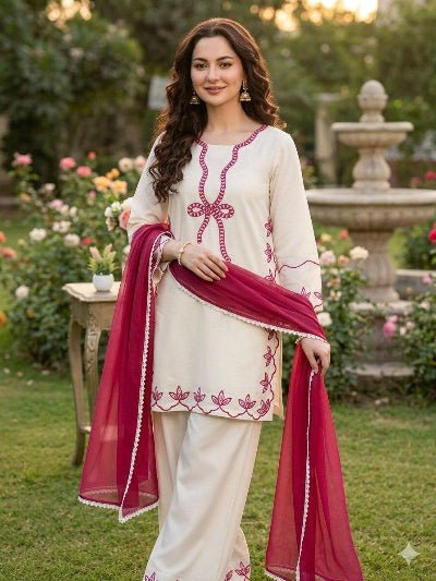 Hania Aamir Inspired Embroidered Suit Set – White &amp; Black - BONYHUBSALWAR KAMEEZ