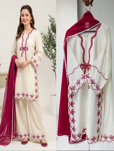 Hania Aamir Inspired Embroidered Suit Set – White &amp; Black - BONYHUBSALWAR KAMEEZ