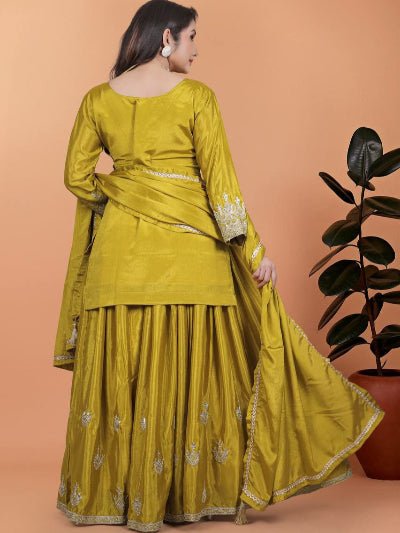 Honey Yellow Chinon Silk Embroidery Sharara Palazzo Suit Set - BONYHUBSALWAR KAMEEZ