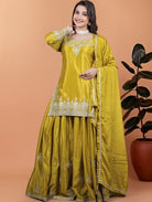 Honey Yellow Chinon Silk Embroidery Sharara Palazzo Suit Set - BONYHUBSALWAR KAMEEZ