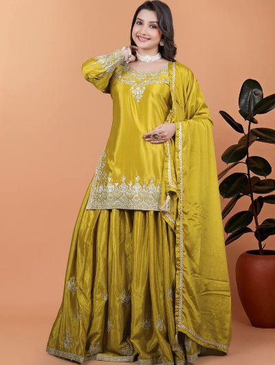 Honey Yellow Chinon Silk Embroidery Sharara Palazzo Suit Set - BONYHUBSALWAR KAMEEZ