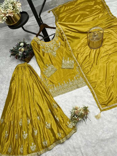 Honey Yellow Chinon Silk Embroidery Sharara Palazzo Suit Set - BONYHUBSALWAR KAMEEZ