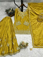 Honey Yellow Chinon Silk Embroidery Sharara Palazzo Suit Set - BONYHUBSALWAR KAMEEZ