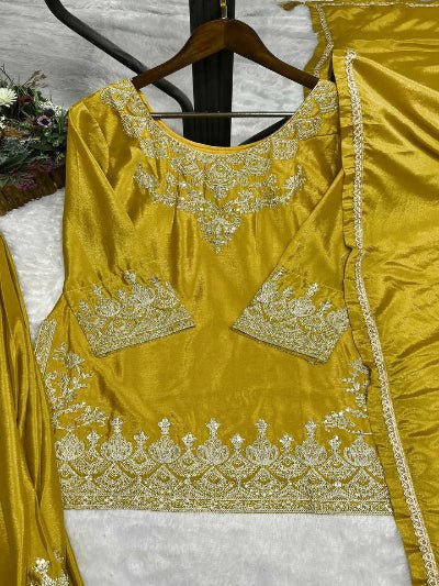 Honey Yellow Chinon Silk Embroidery Sharara Palazzo Suit Set - BONYHUBSALWAR KAMEEZ