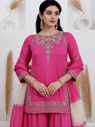 Hot Pink Crepe Silk Embroidered Sharara Palazzo Set - BONYHUBSALWAR KAMEEZ