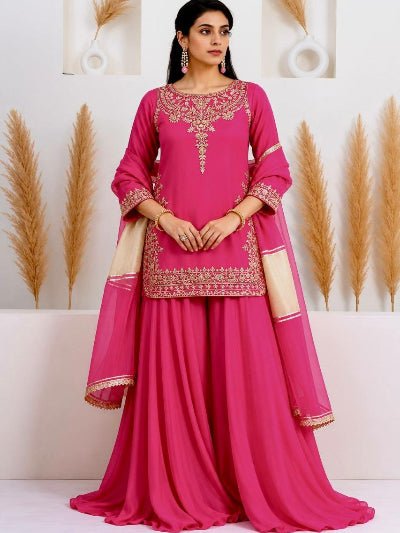 Hot Pink Crepe Silk Embroidered Sharara Palazzo Set - BONYHUBSALWAR KAMEEZ