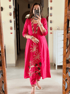 Hot Pink Designer Cotton Anarkali Suit (Set of 3) - BONYHUBSALWAR KAMEEZ