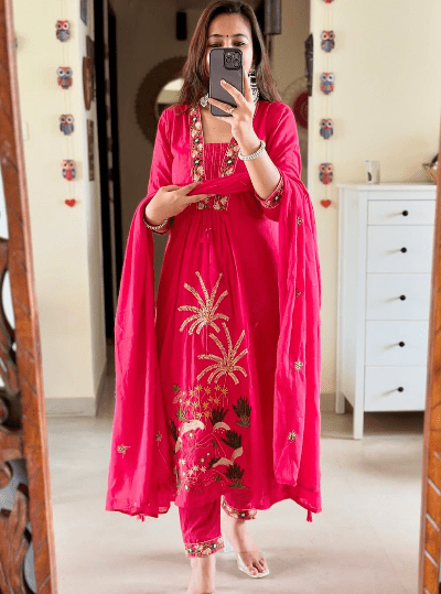 Hot Pink Designer Cotton Anarkali Suit (Set of 3) - BONYHUBSALWAR KAMEEZ