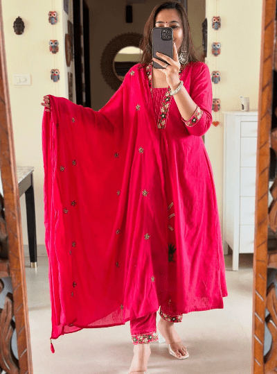 Hot Pink Designer Cotton Anarkali Suit (Set of 3) - BONYHUBSALWAR KAMEEZ