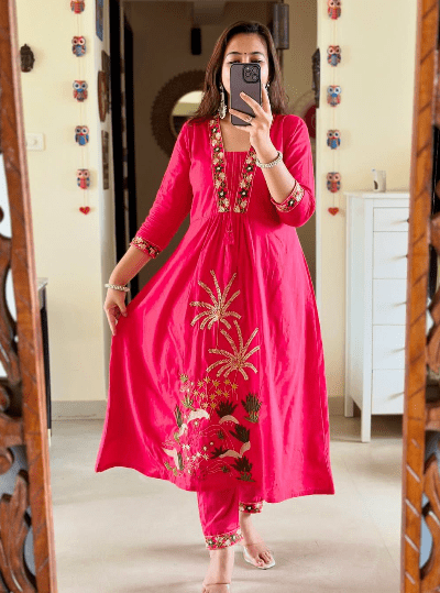 Hot Pink Designer Cotton Anarkali Suit (Set of 3) - BONYHUBSALWAR KAMEEZ