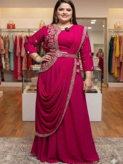 Hot Pink Embroidered Ready to Wear Drape Lehenga Saree - BONYHUBSAREE