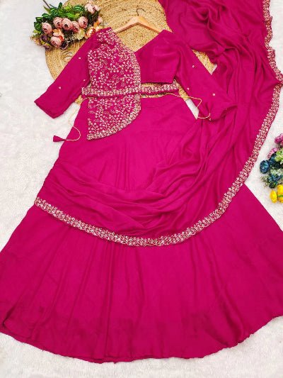 Hot Pink Embroidered Ready to Wear Drape Lehenga Saree - BONYHUBSAREE