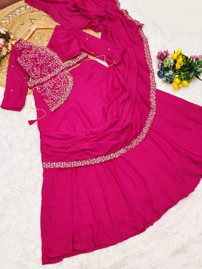 Hot Pink Embroidered Ready to Wear Drape Lehenga Saree - BONYHUBSAREE