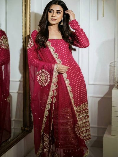 Hot Pink Georgette Bandhani Embroidered Straight Suit For Women - BONYHUBSALWAR KAMEEZ