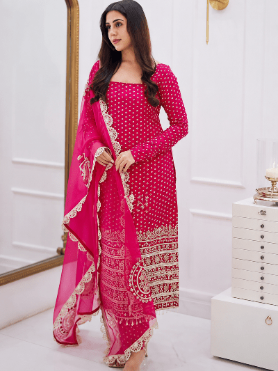 Hot Pink Georgette Bandhani Embroidered Straight Suit For Women - BONYHUBSALWAR KAMEEZ
