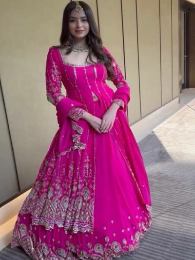 Hot Pink Georgette Embroidery Long Kurti, Skirt &amp; Dupatta - BONYHUBSALWAR KAMEEZ