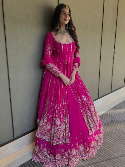Hot Pink Georgette Embroidery Long Kurti, Skirt &amp; Dupatta - BONYHUBSALWAR KAMEEZ