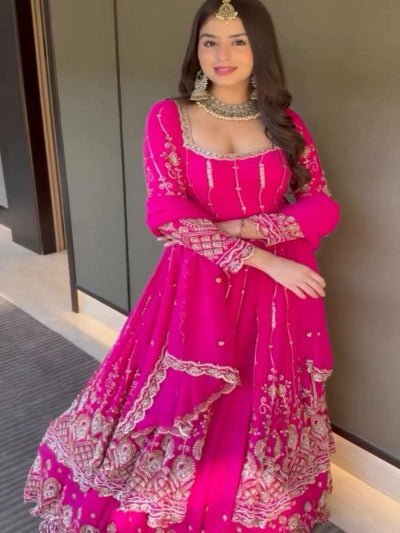 Hot Pink Georgette Embroidery Long Kurti, Skirt &amp; Dupatta - BONYHUBSALWAR KAMEEZ