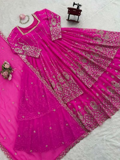 Hot Pink Georgette Embroidery Long Kurti, Skirt &amp; Dupatta - BONYHUBSALWAR KAMEEZ