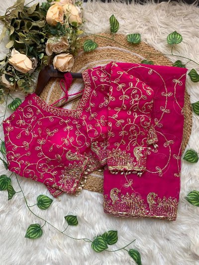 Hot Pink Georgette Gold Embroidered Ready to wear Saree with Stitched Blouse - BONYHUBSAREE