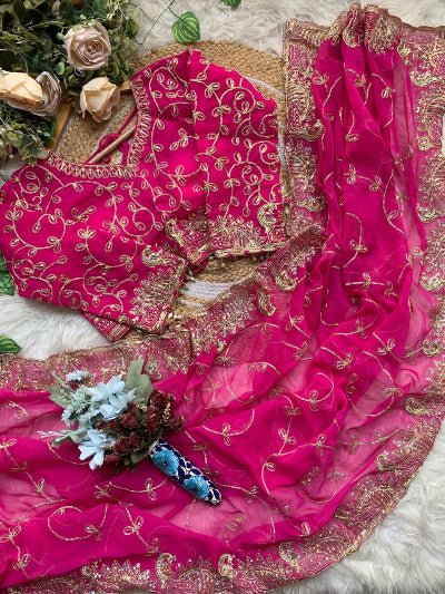 Hot Pink Georgette Gold Embroidered Ready to wear Saree with Stitched Blouse - BONYHUBSAREE