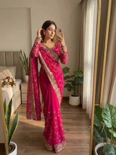 Hot Pink Georgette Gold Embroidered Ready to wear Saree with Stitched Blouse - BONYHUBSAREE