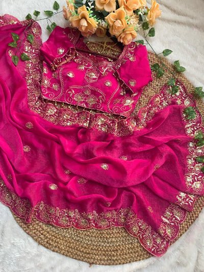 Hot Pink Gold Embroidered Ready to Wear Saree with Stitched Blouse - BONYHUBSAREE